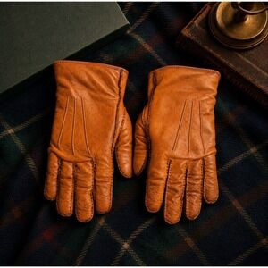 Vintage Italy Leather Cashmere Lined Driving Gloves Tan Cognac Men's
